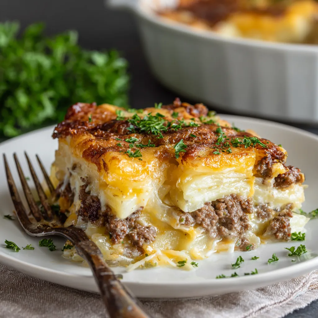 Ultimate Hamburger Potato Casserole with Creamy Cheese Sauce and Seasoned Ground Beef - secondary view
